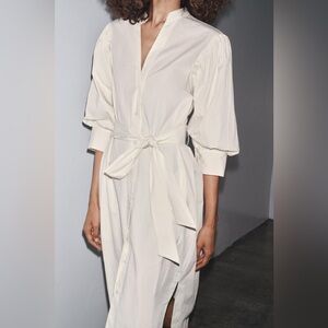 Zara ZW Collection Puff Sleeve Shirt Dress NWT Sz M Cottagecore Prairecore Ivory